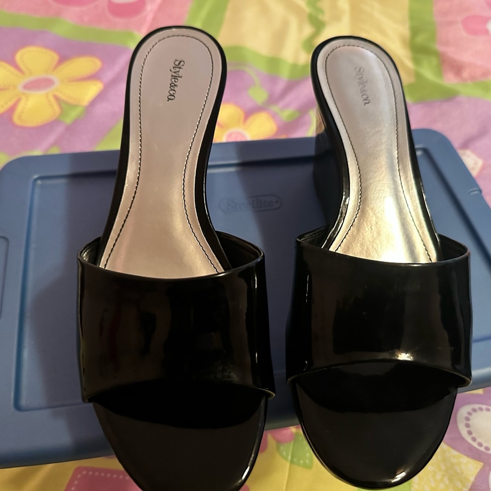 Black patent leather wedge sandals worn once